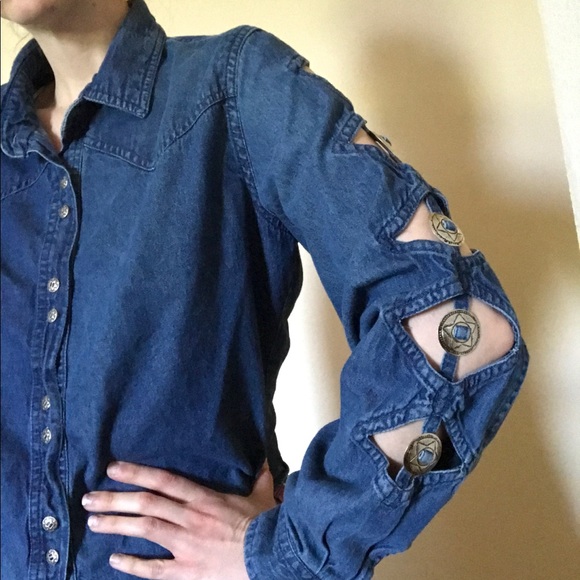 Vintage Tops - VTG Western Southwest Boho Chambray Shirt 90s